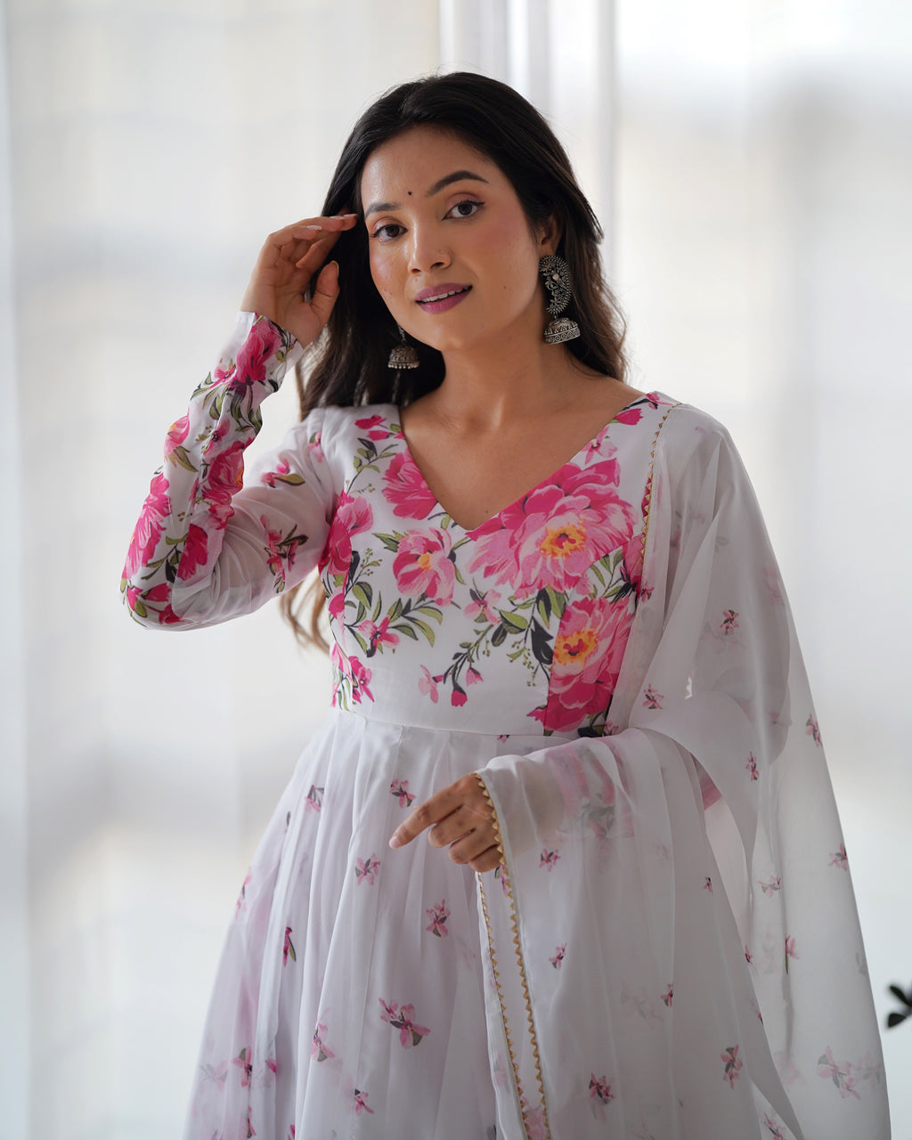 Organza Silk Printed Kali Anarkali Set with 4M Flair & Gota Patti Dupatta