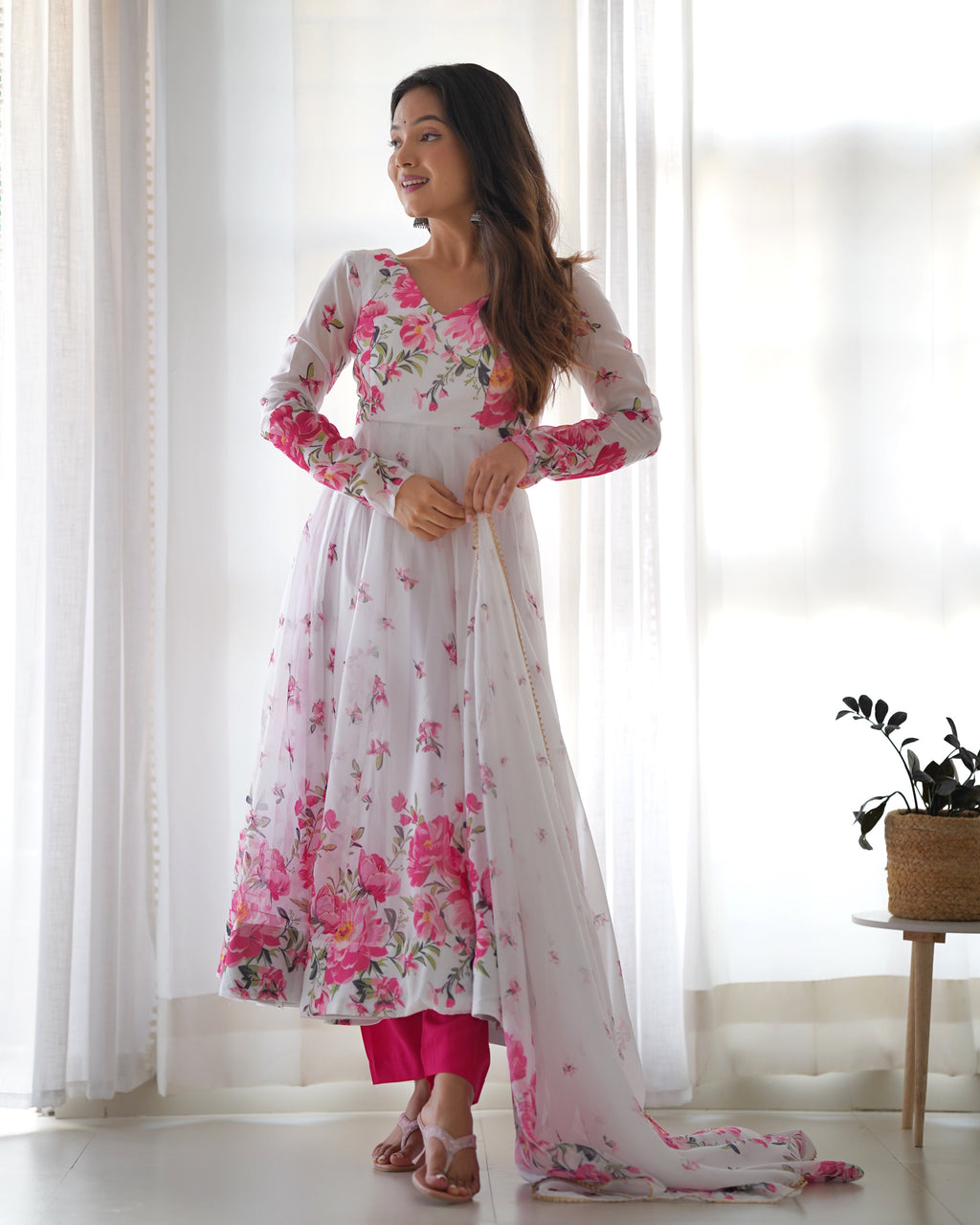 Organza Silk Printed Kali Anarkali Set with 4M Flair & Gota Patti Dupatta
