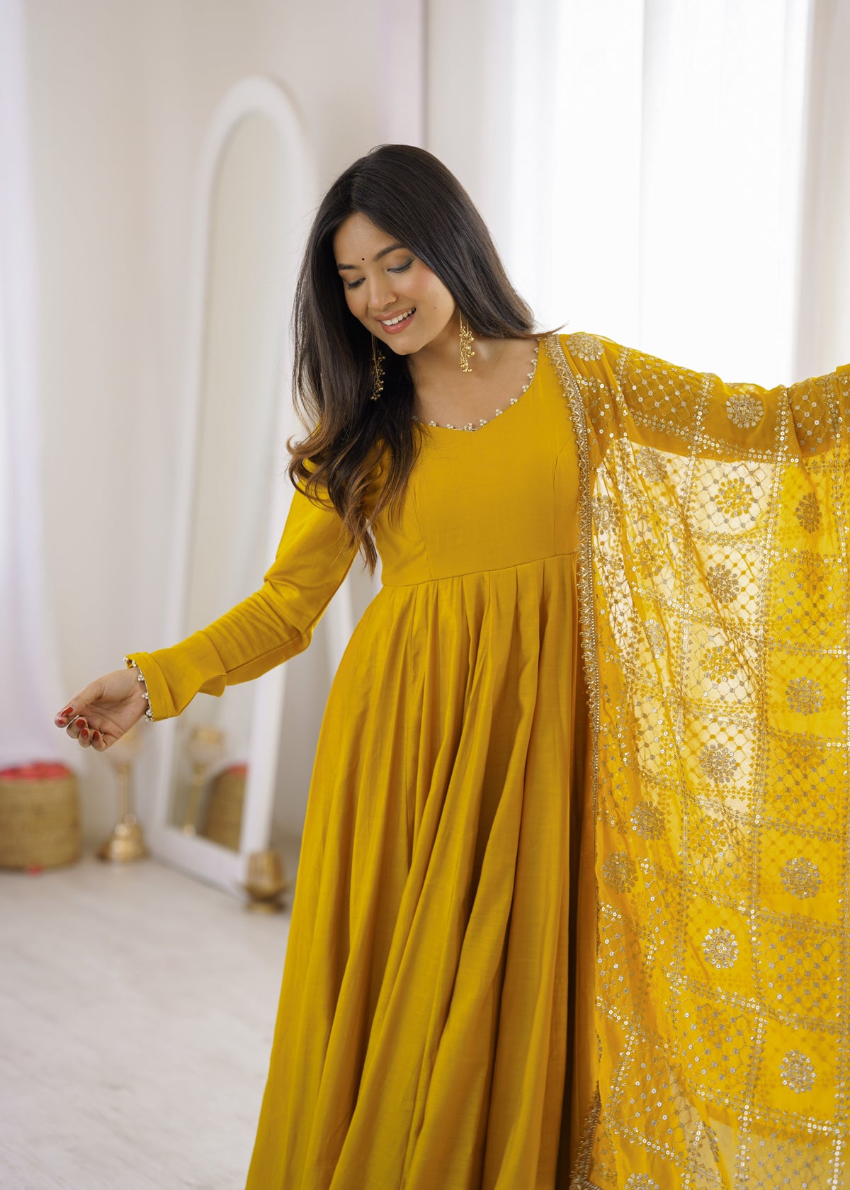 Yellow & Maroon RomanSilk Chanderi 16-Kali Flared Anarkali Suit Set with Embroidered Dupatta & Pant