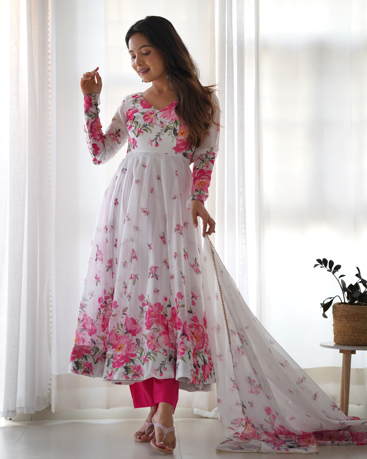 Organza Silk Printed Kali Anarkali Set with 4M Flair & Gota Patti Dupatta