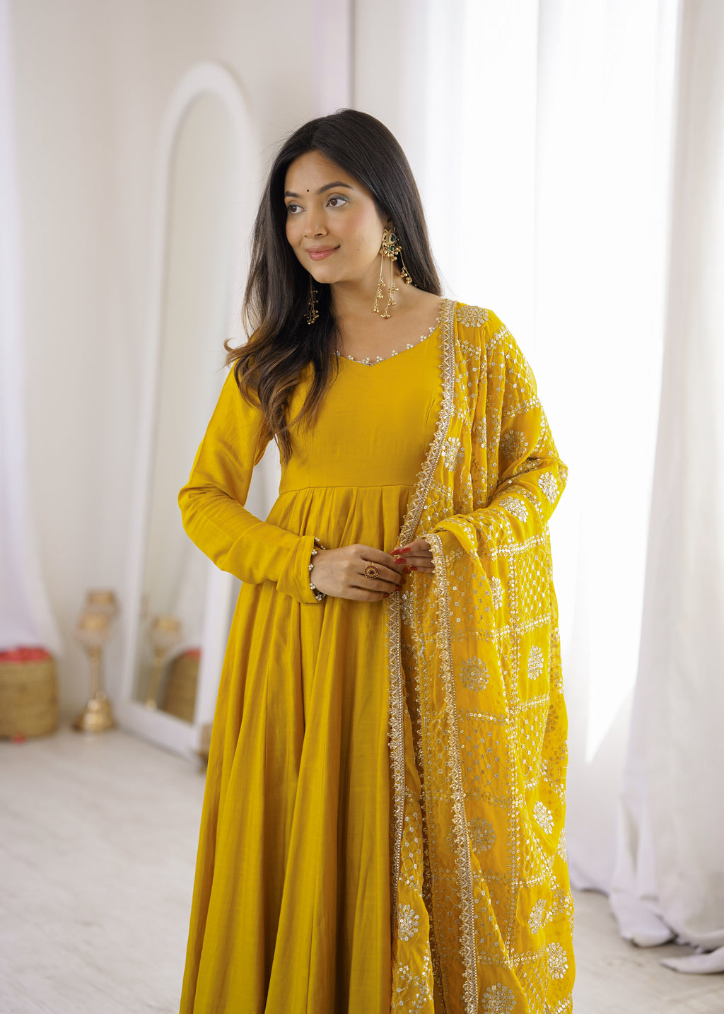 Yellow & Maroon RomanSilk Chanderi 16-Kali Flared Anarkali Suit Set with Embroidered Dupatta & Pant