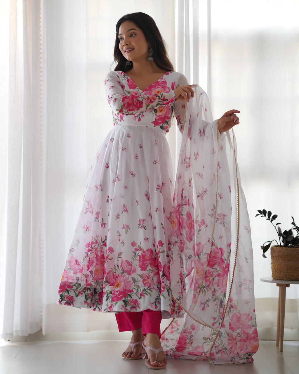 Organza Silk Printed Kali Anarkali Set with 4M Flair & Gota Patti Dupatta