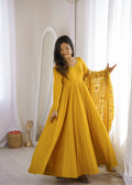 Yellow & Maroon RomanSilk Chanderi 16-Kali Flared Anarkali Suit Set with Embroidered Dupatta & Pant