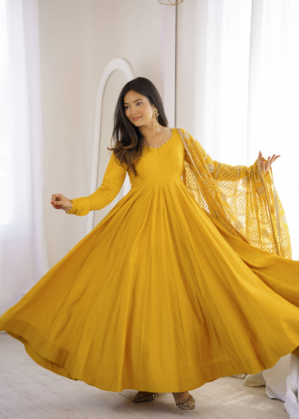 Yellow & Maroon RomanSilk Chanderi 16-Kali Flared Anarkali Suit Set with Embroidered Dupatta & Pant