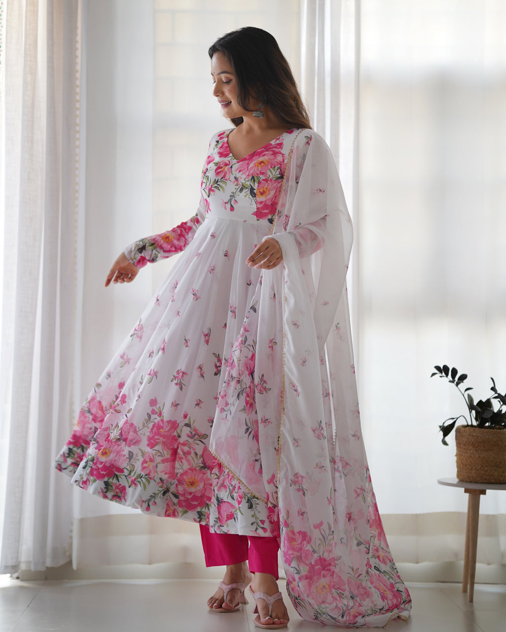 Organza Silk Printed Kali Anarkali Set with 4M Flair & Gota Patti Dupatta