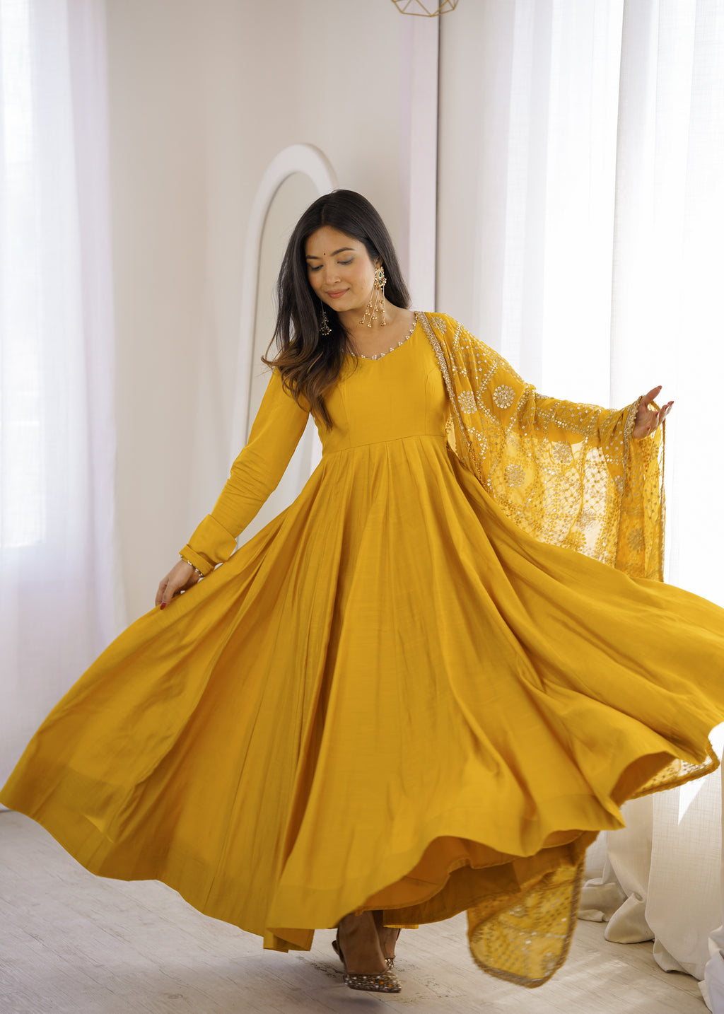 Yellow & Maroon RomanSilk Chanderi 16-Kali Flared Anarkali Suit Set with Embroidered Dupatta & Pant