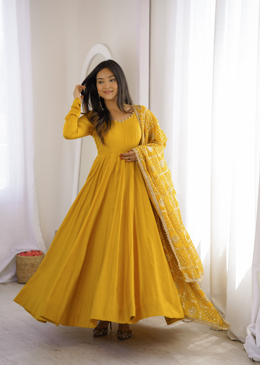 Yellow & Maroon RomanSilk Chanderi 16-Kali Flared Anarkali Suit Set with Embroidered Dupatta & Pant