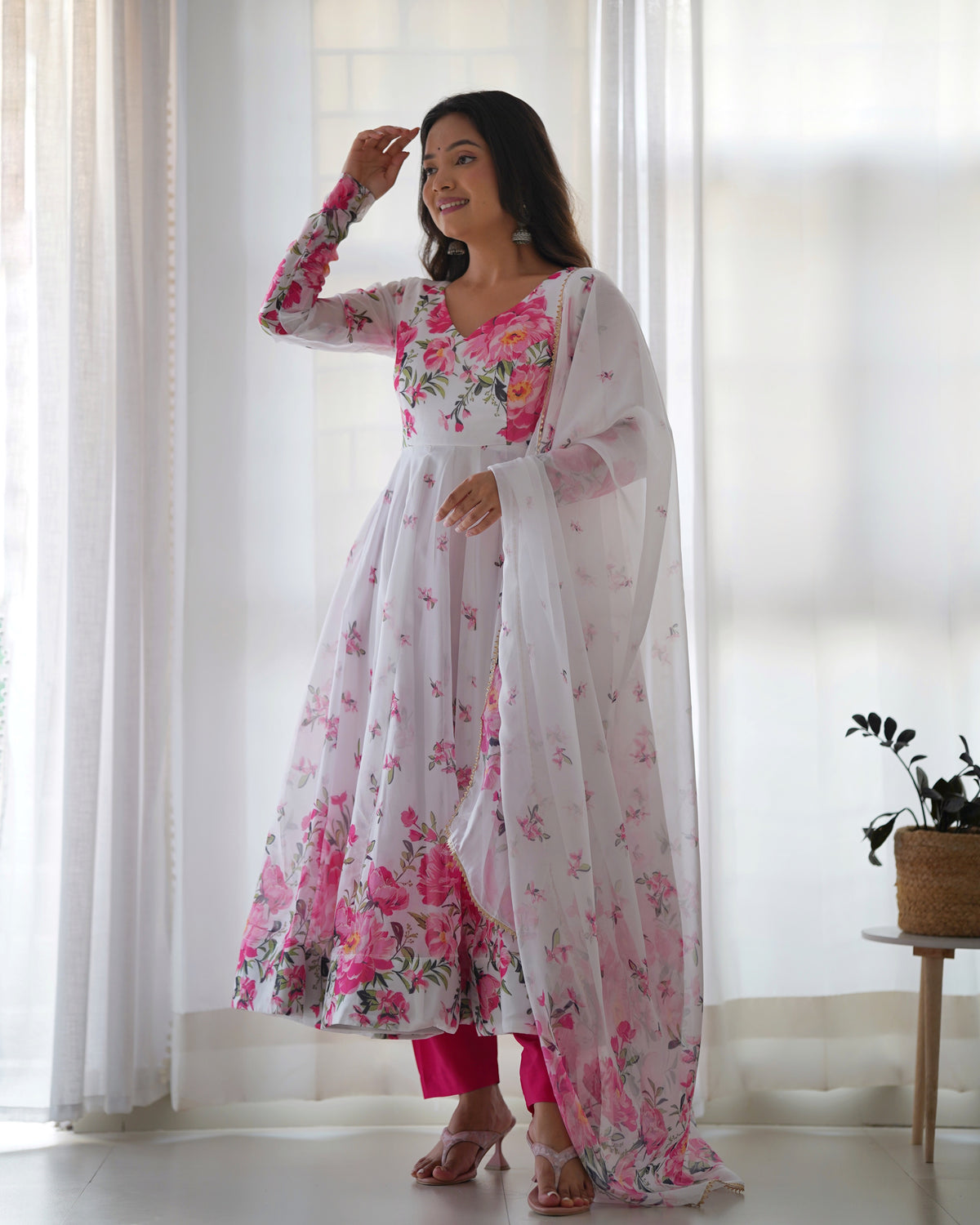 Organza Silk Printed Kali Anarkali Set with 4M Flair & Gota Patti Dupatta