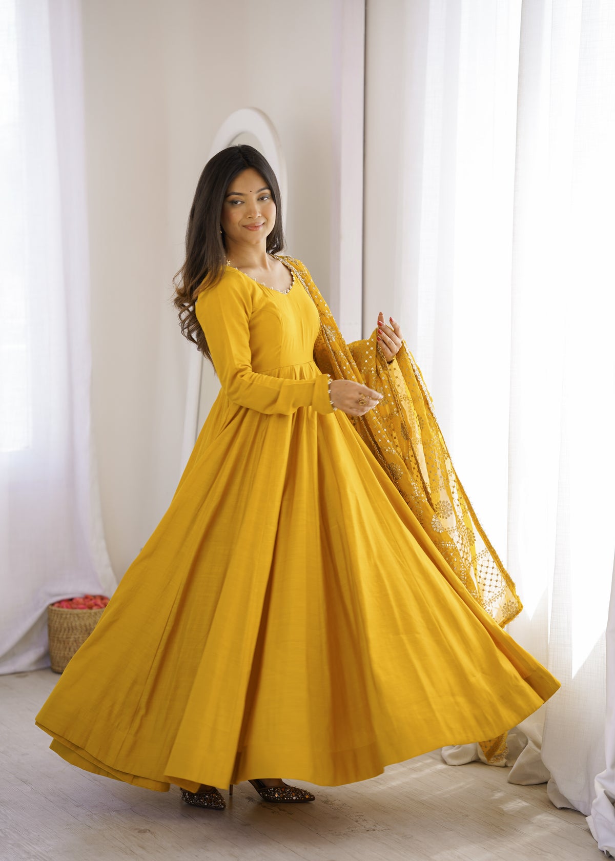 Yellow & Maroon RomanSilk Chanderi 16-Kali Flared Anarkali Suit Set with Embroidered Dupatta & Pant