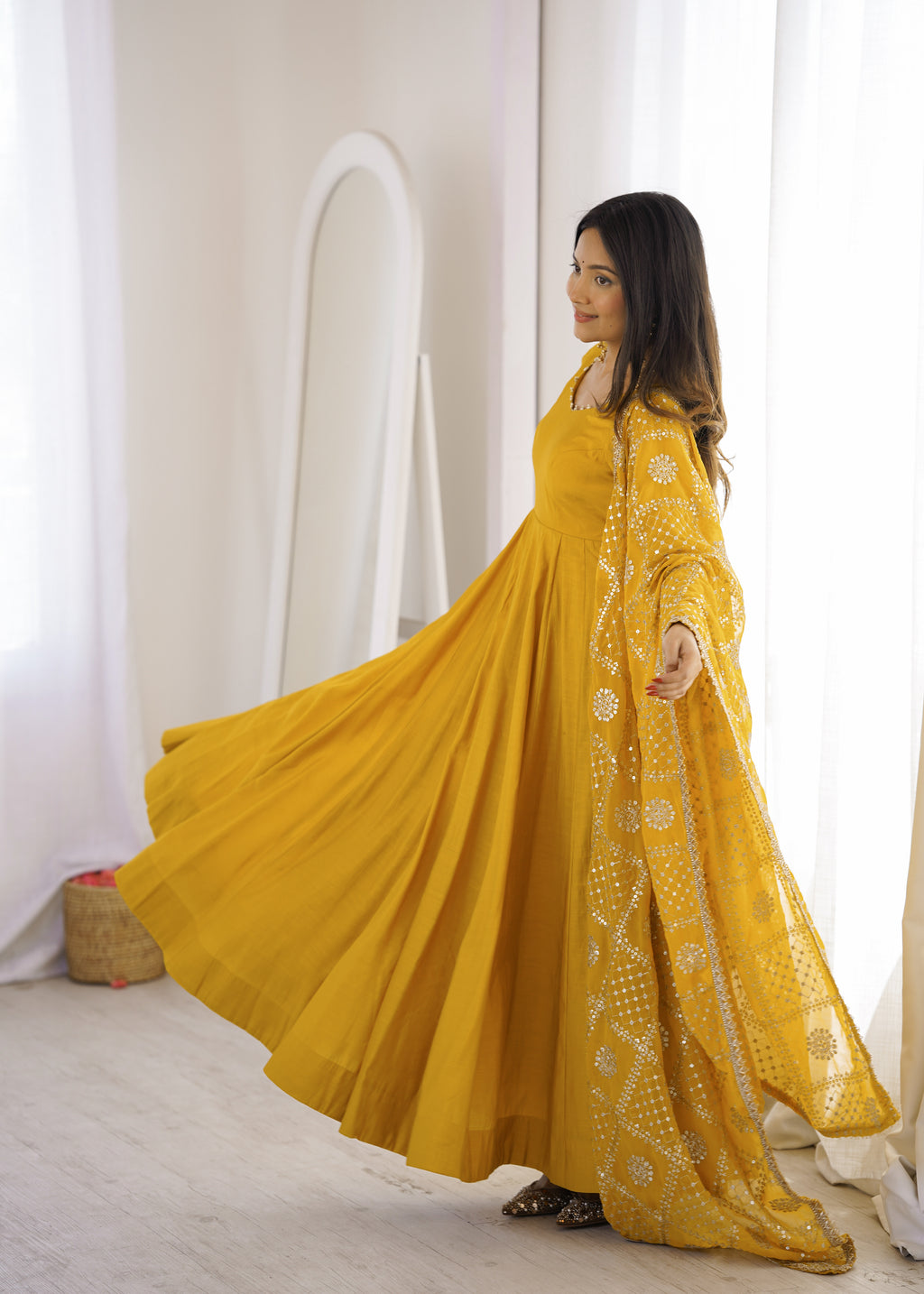 Yellow & Maroon RomanSilk Chanderi 16-Kali Flared Anarkali Suit Set with Embroidered Dupatta & Pant