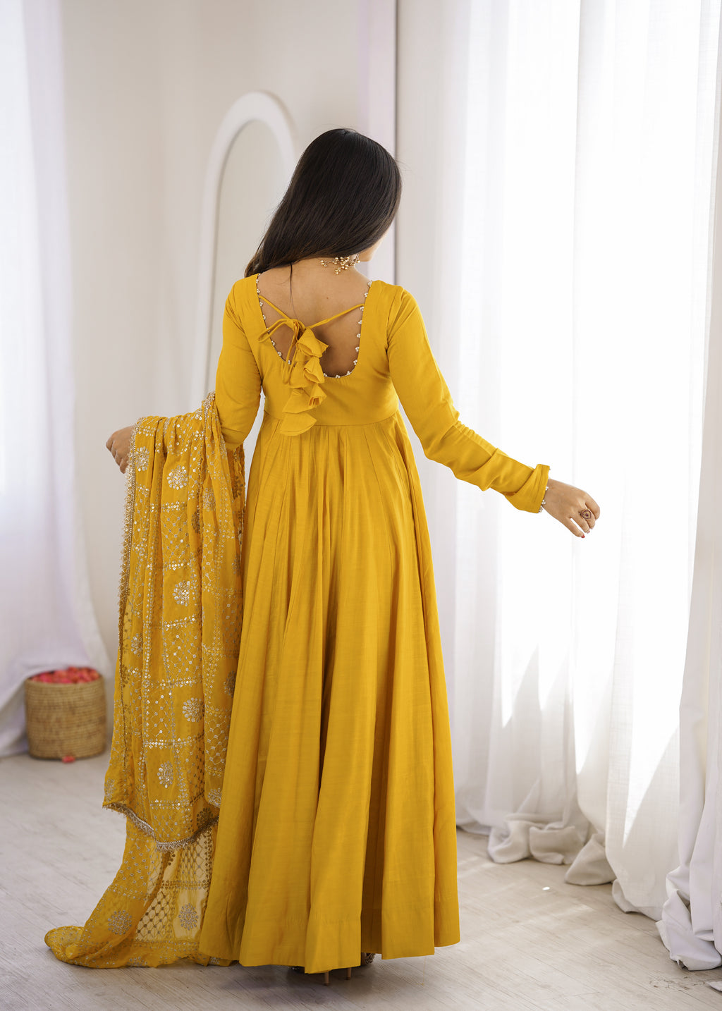 Yellow & Maroon RomanSilk Chanderi 16-Kali Flared Anarkali Suit Set with Embroidered Dupatta & Pant