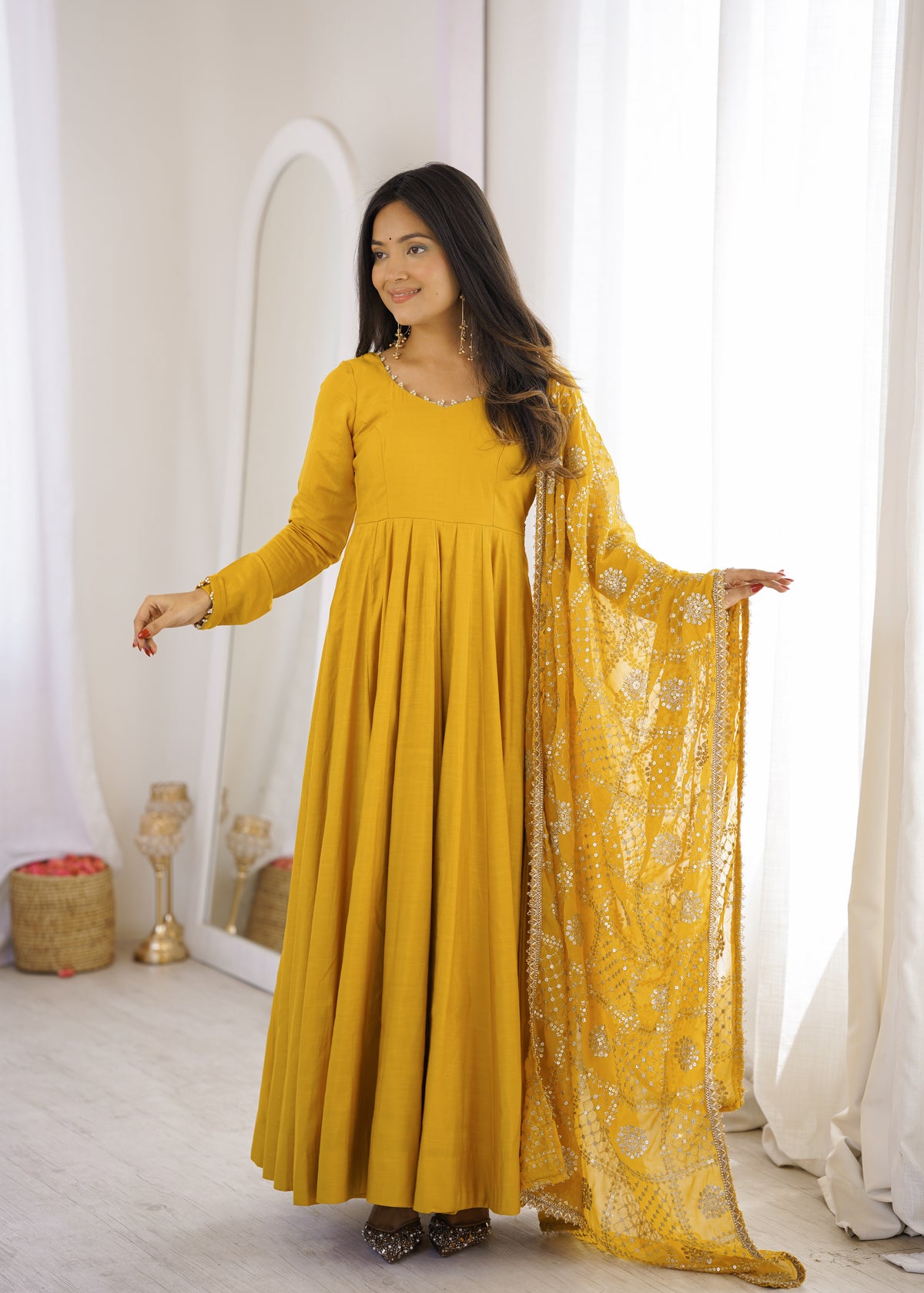 Yellow & Maroon RomanSilk Chanderi 16-Kali Flared Anarkali Suit Set with Embroidered Dupatta & Pant