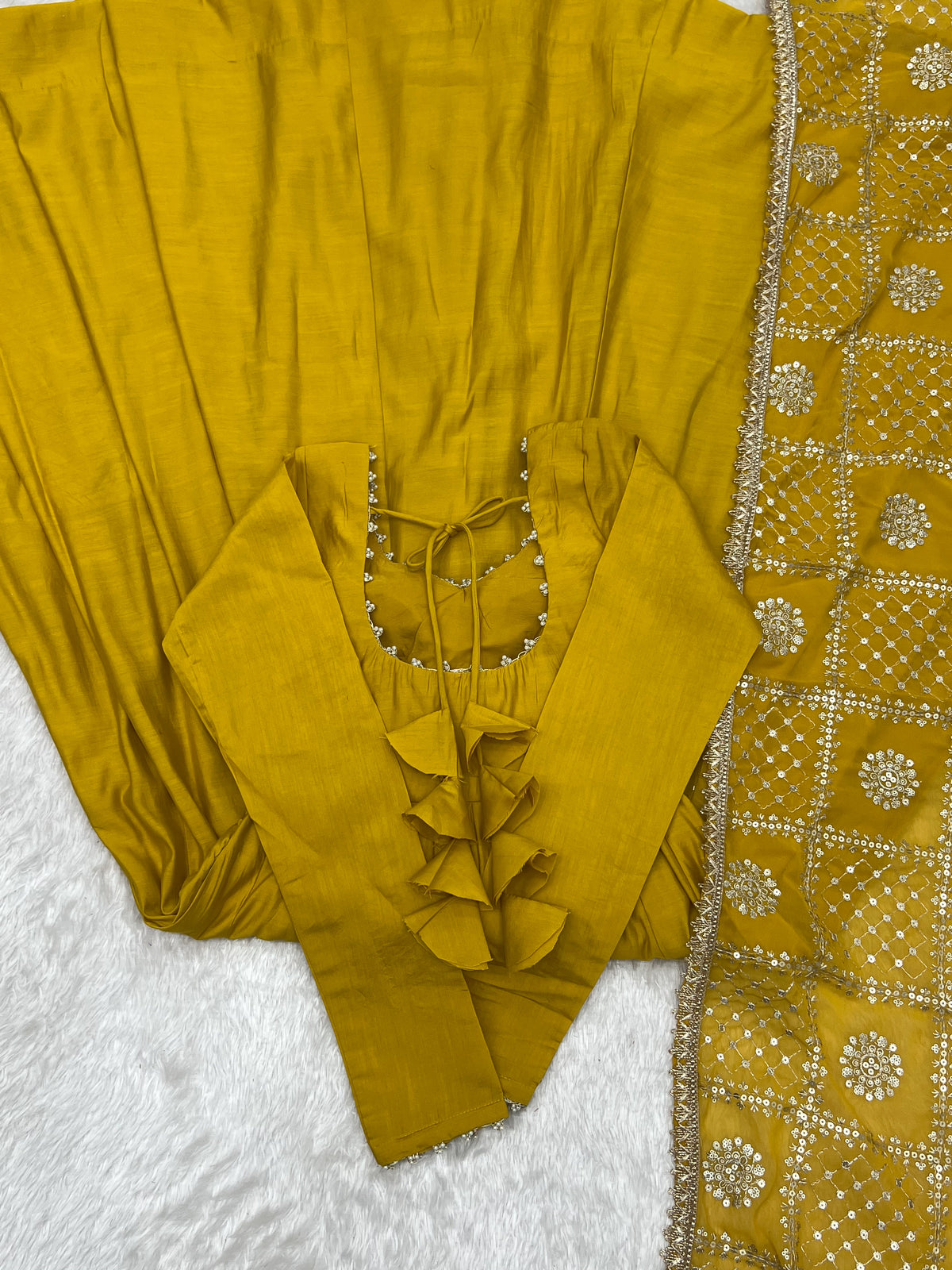 Yellow & Maroon RomanSilk Chanderi 16-Kali Flared Anarkali Suit Set with Embroidered Dupatta & Pant