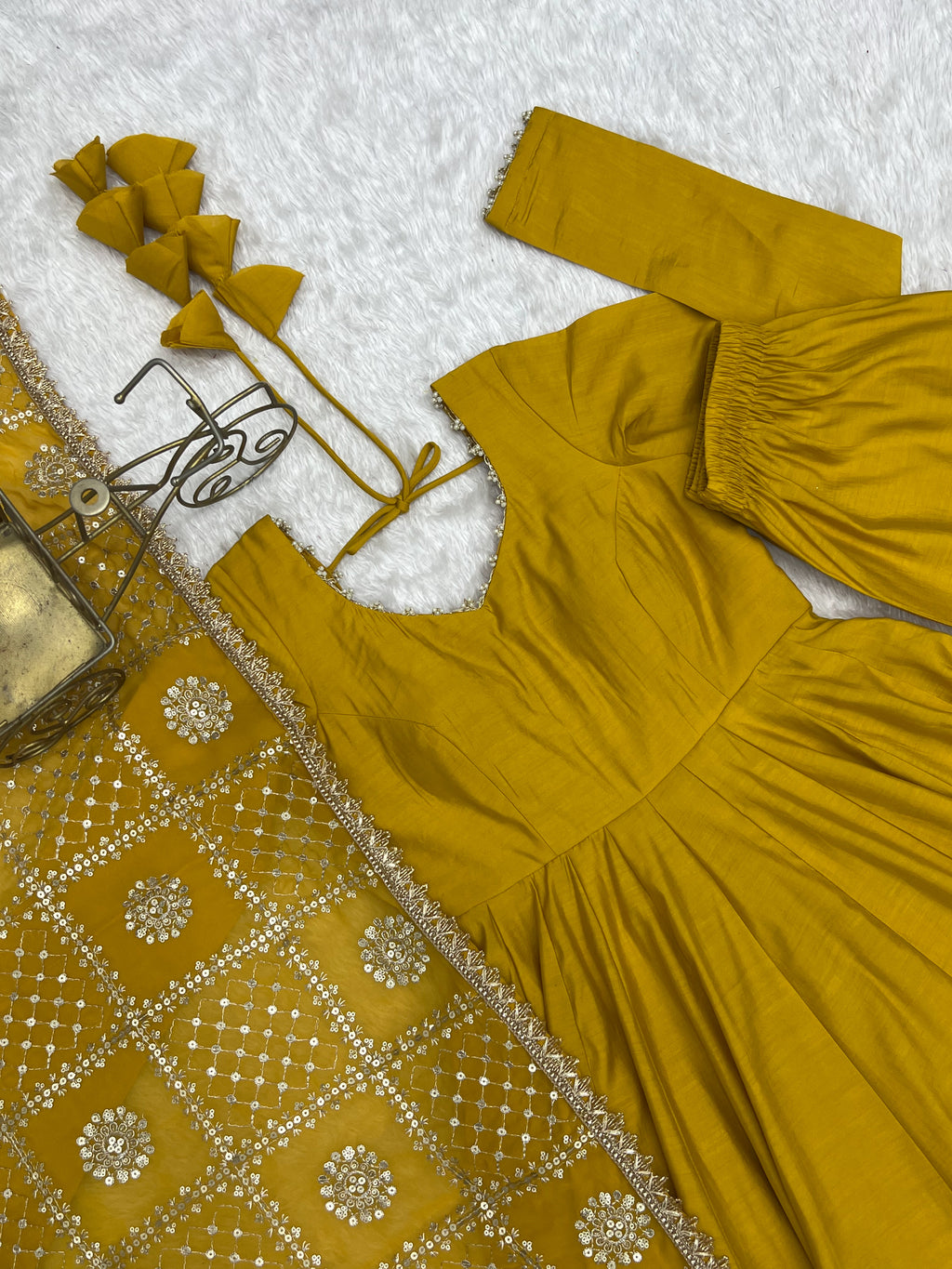 Yellow & Maroon RomanSilk Chanderi 16-Kali Flared Anarkali Suit Set with Embroidered Dupatta & Pant