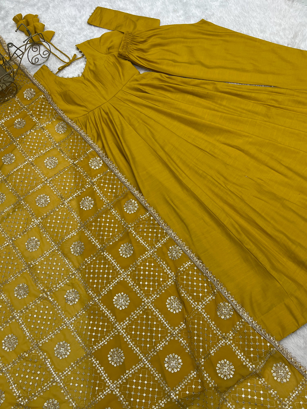 Yellow & Maroon RomanSilk Chanderi 16-Kali Flared Anarkali Suit Set with Embroidered Dupatta & Pant