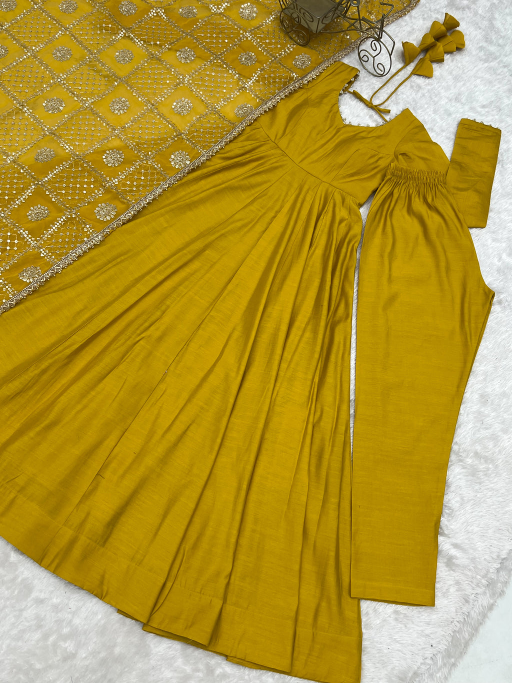 Yellow & Maroon RomanSilk Chanderi 16-Kali Flared Anarkali Suit Set with Embroidered Dupatta & Pant