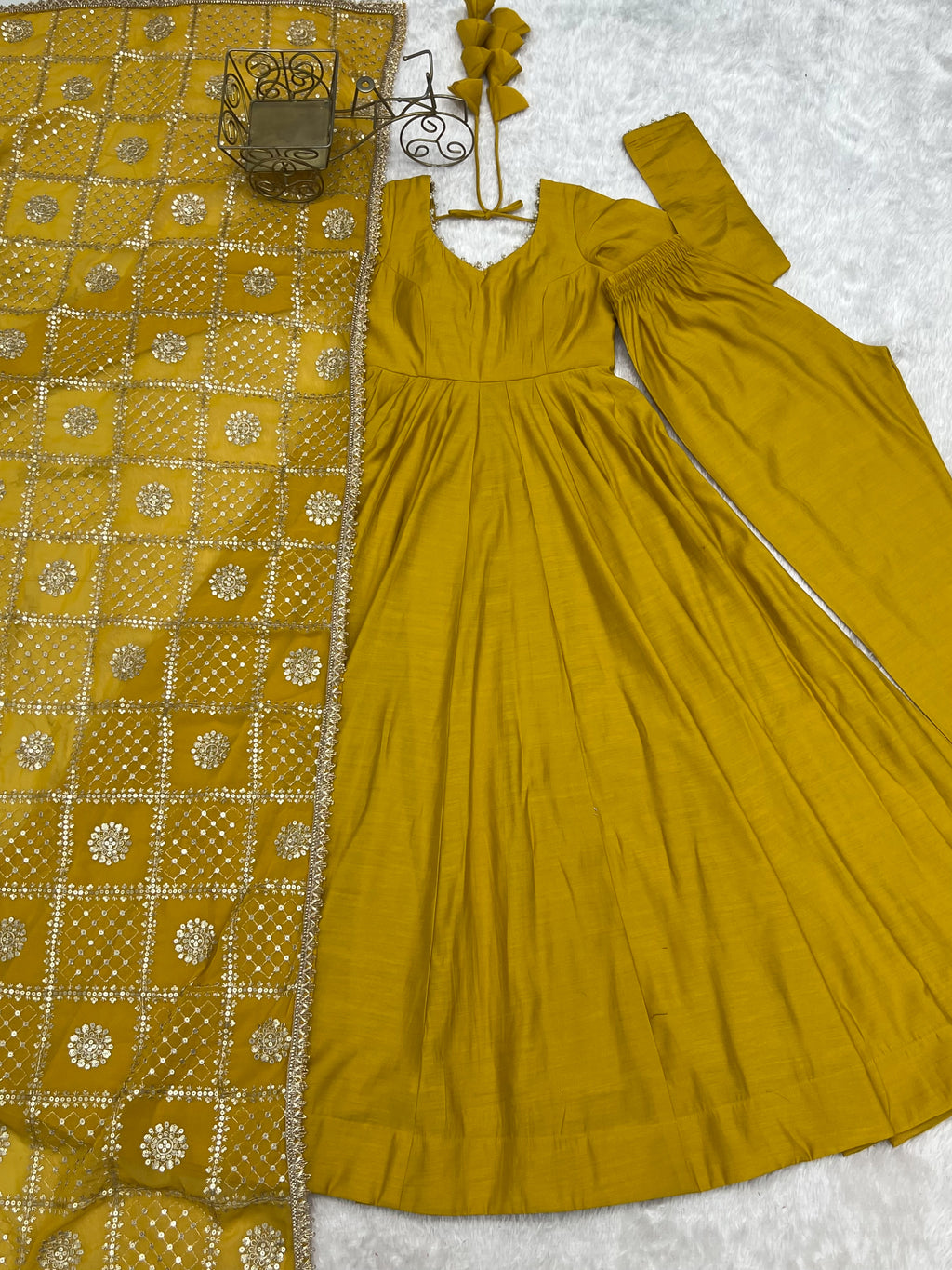 Yellow & Maroon RomanSilk Chanderi 16-Kali Flared Anarkali Suit Set with Embroidered Dupatta & Pant