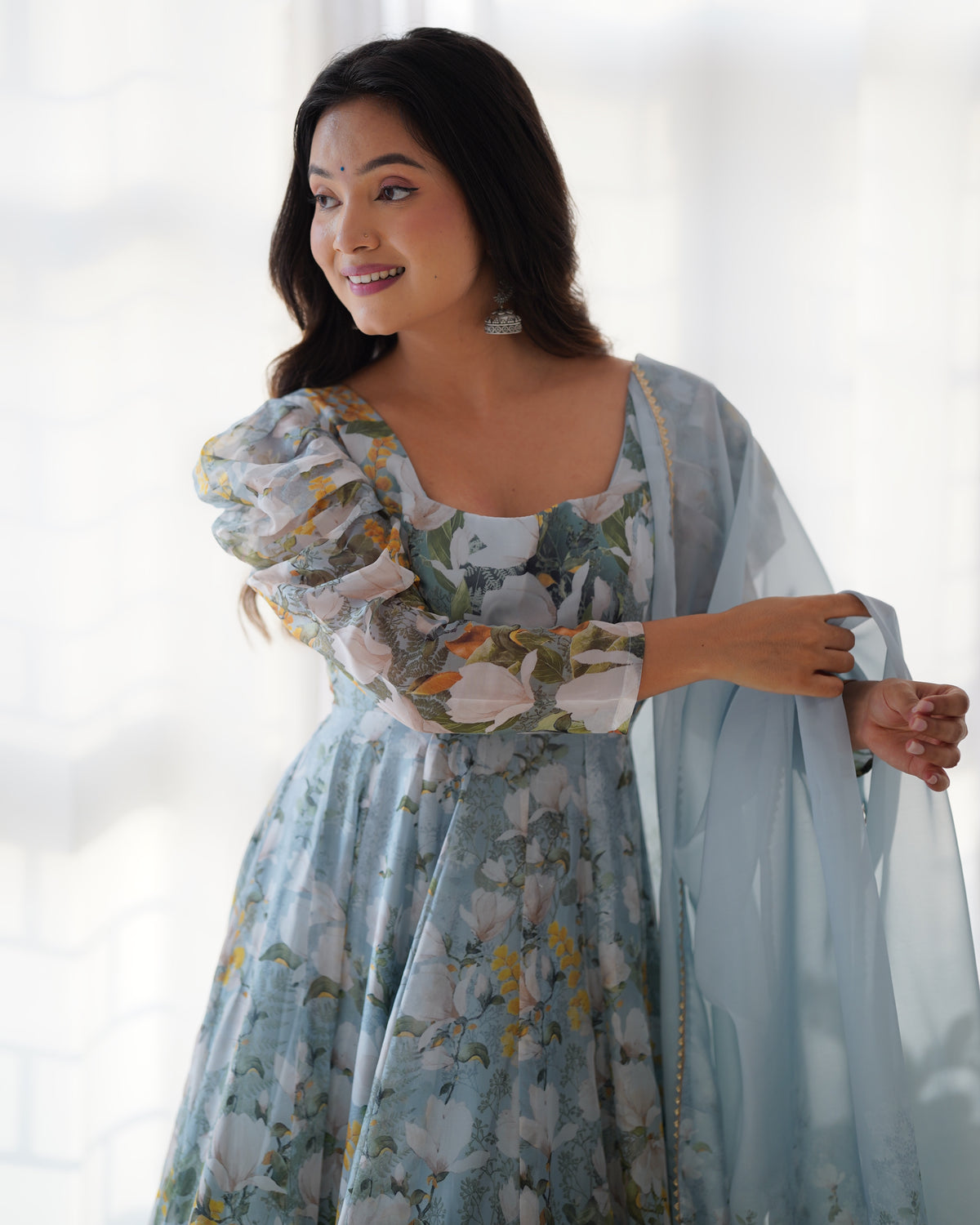 Floral Printed Organza Silk Flared Anarkali Gown Set with Gota Patti Dupatta & Pant