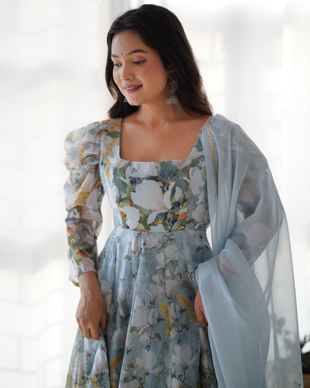 Floral Printed Organza Silk Flared Anarkali Gown Set with Gota Patti Dupatta & Pant