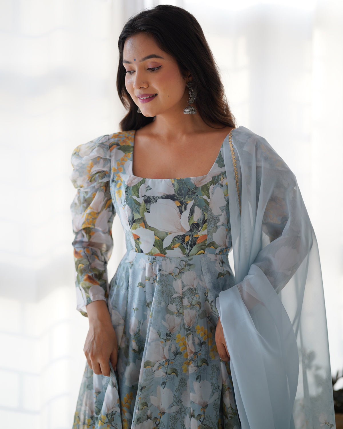 Floral Printed Organza Silk Flared Anarkali Gown Set with Gota Patti Dupatta & Pant