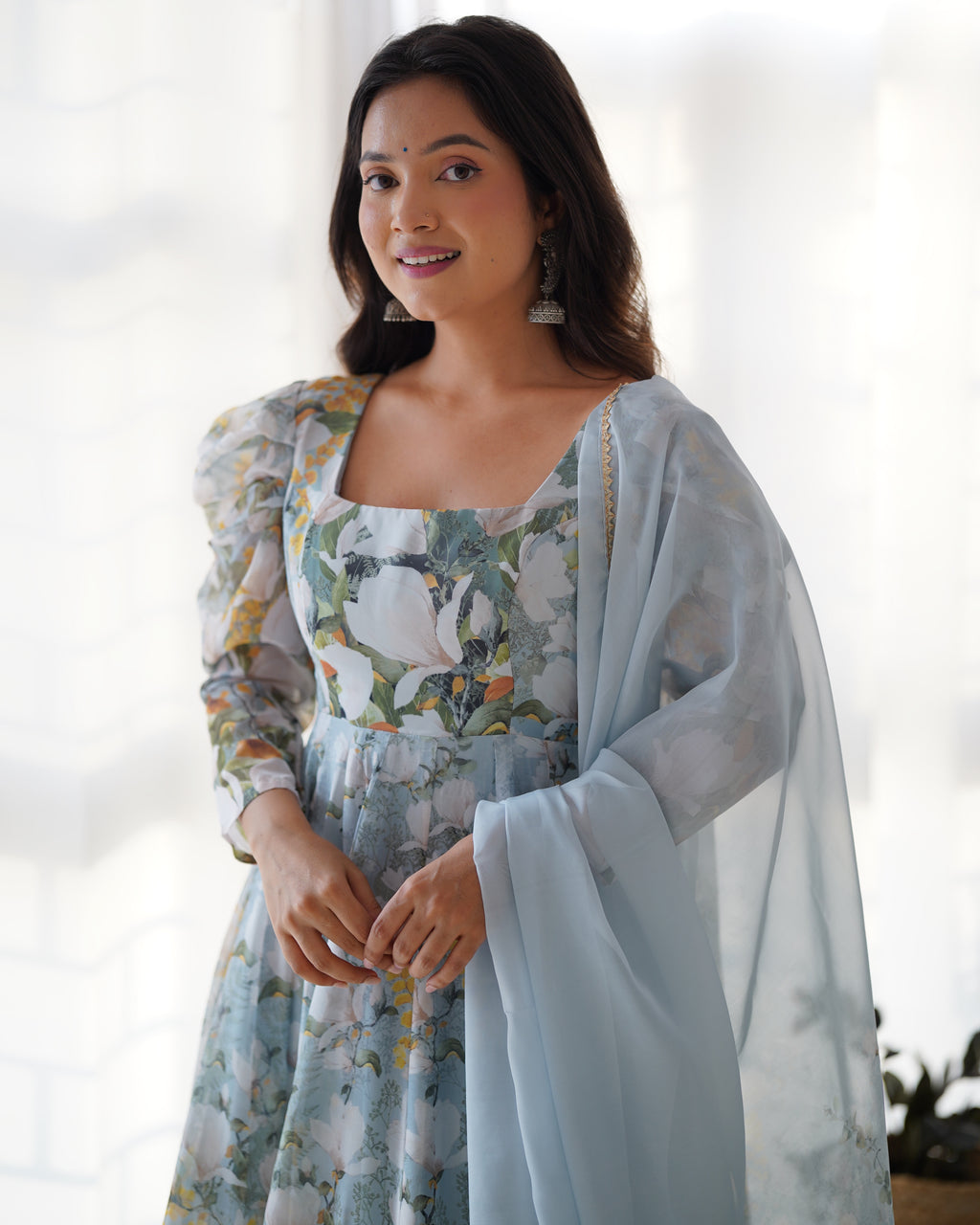 Floral Printed Organza Silk Flared Anarkali Gown Set with Gota Patti Dupatta & Pant