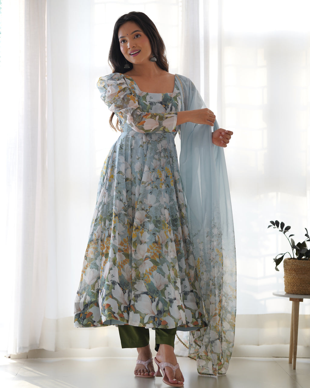 Floral Printed Organza Silk Flared Anarkali Gown Set with Gota Patti Dupatta & Pant