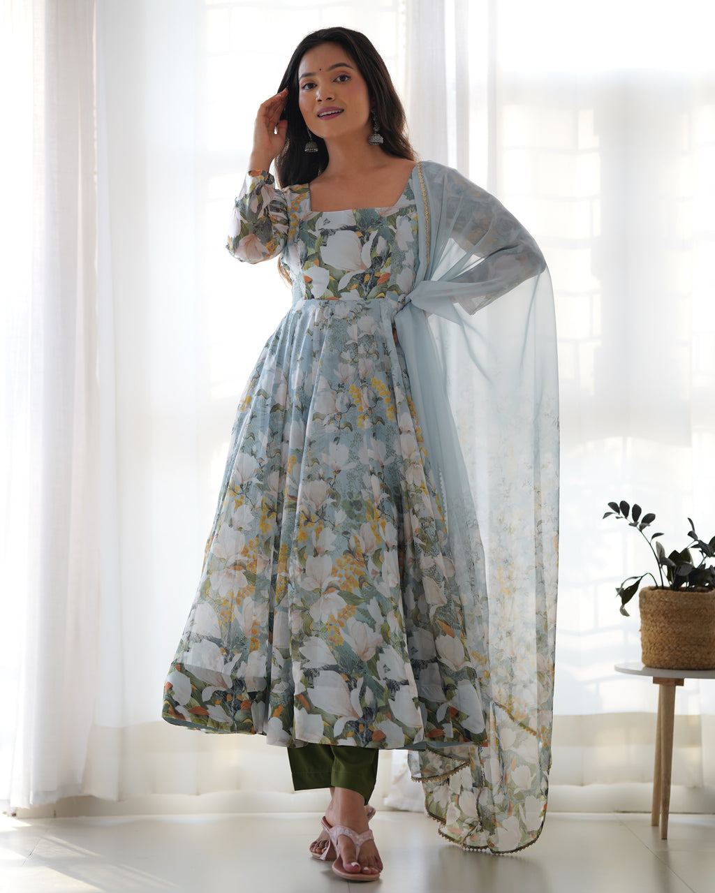 Floral Printed Organza Silk Flared Anarkali Gown Set with Gota Patti Dupatta & Pant