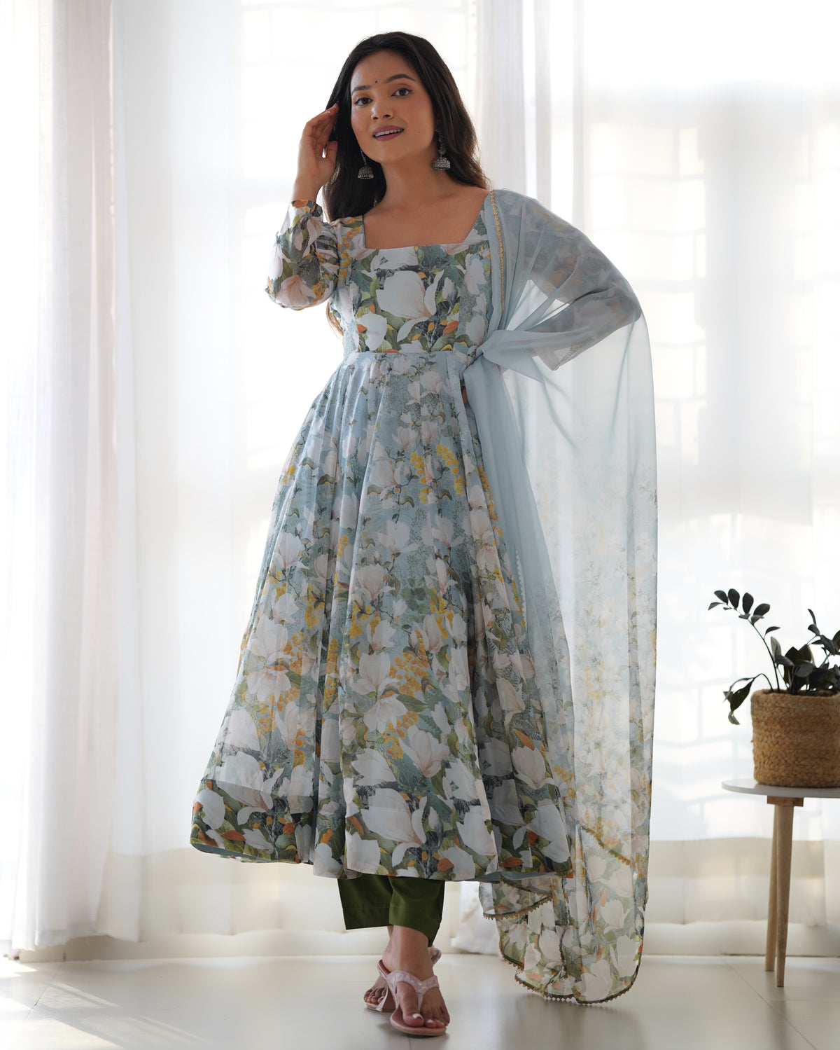 Floral Printed Organza Silk Flared Anarkali Gown Set with Gota Patti Dupatta & Pant