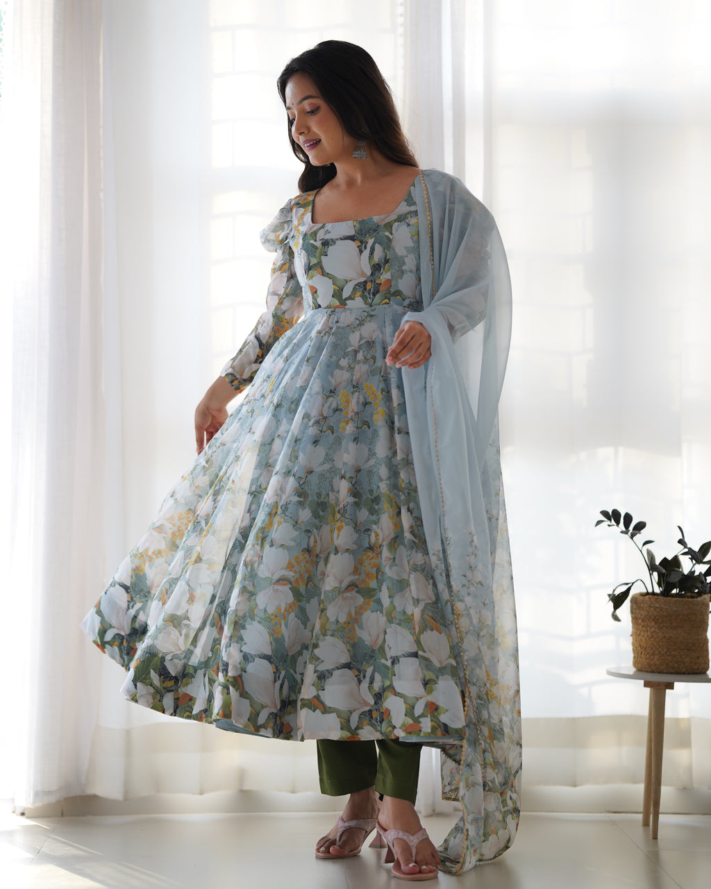 Floral Printed Organza Silk Flared Anarkali Gown Set with Gota Patti Dupatta & Pant