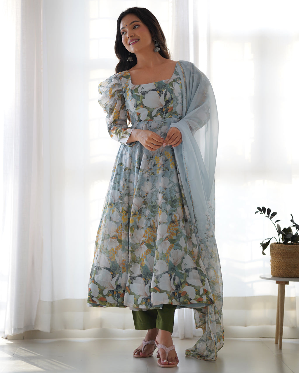 Floral Printed Organza Silk Flared Anarkali Gown Set with Gota Patti Dupatta & Pant