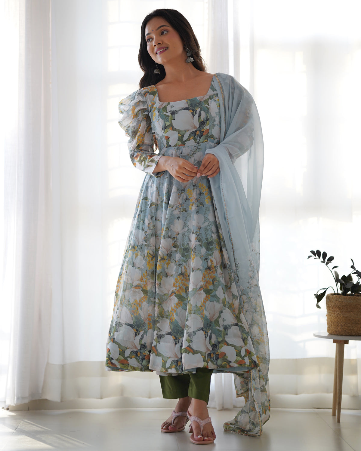 Floral Printed Organza Silk Flared Anarkali Gown Set with Gota Patti Dupatta & Pant