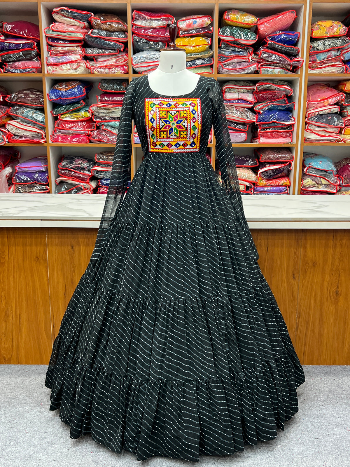 Laheriya Print Faux Georgette 7M+ Flair Anarkali Gown with Gamthi Yoke & Back Dori