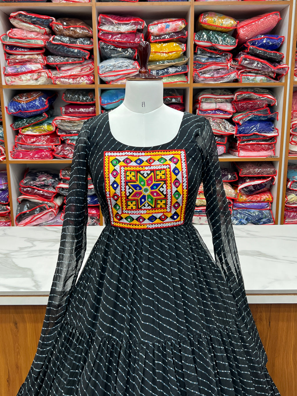 Laheriya Print Faux Georgette 7M+ Flair Anarkali Gown with Gamthi Yoke & Back Dori