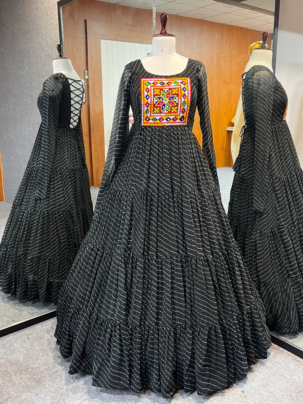 Laheriya Print Faux Georgette 7M+ Flair Anarkali Gown with Gamthi Yoke & Back Dori