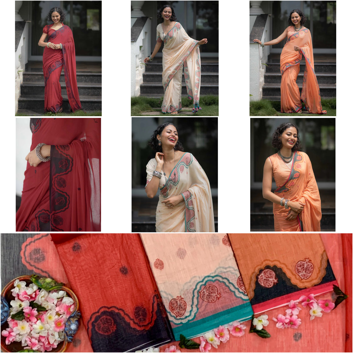 Elegant Bloom Premium Linen Cotton Digital Printed Saree with Matching Blouse