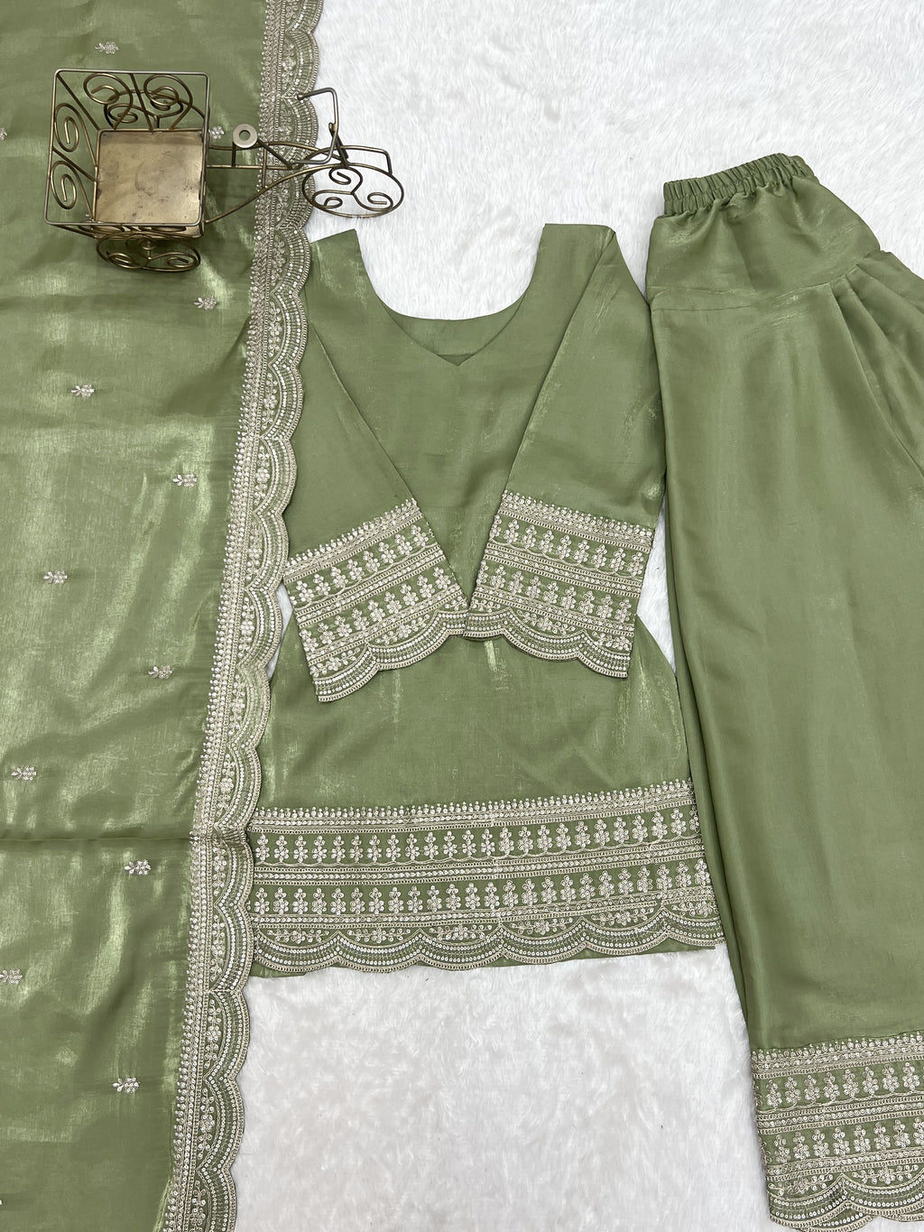 Dusty Pink & Pista Glass Roman Silk Embroidered Farshi Shalwar Suit with Dupatta