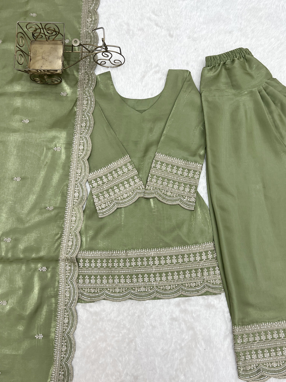 Dusty Pink & Pista Glass Roman Silk Embroidered Farshi Shalwar Suit with Dupatta