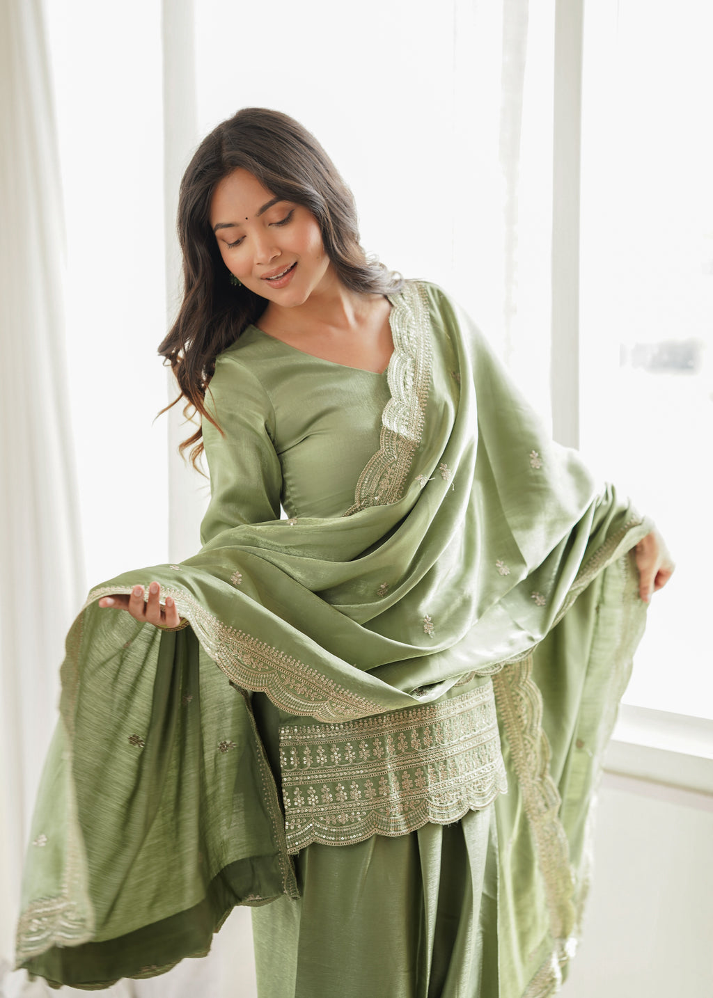 Dusty Pink & Pista Glass Roman Silk Embroidered Farshi Shalwar Suit with Dupatta