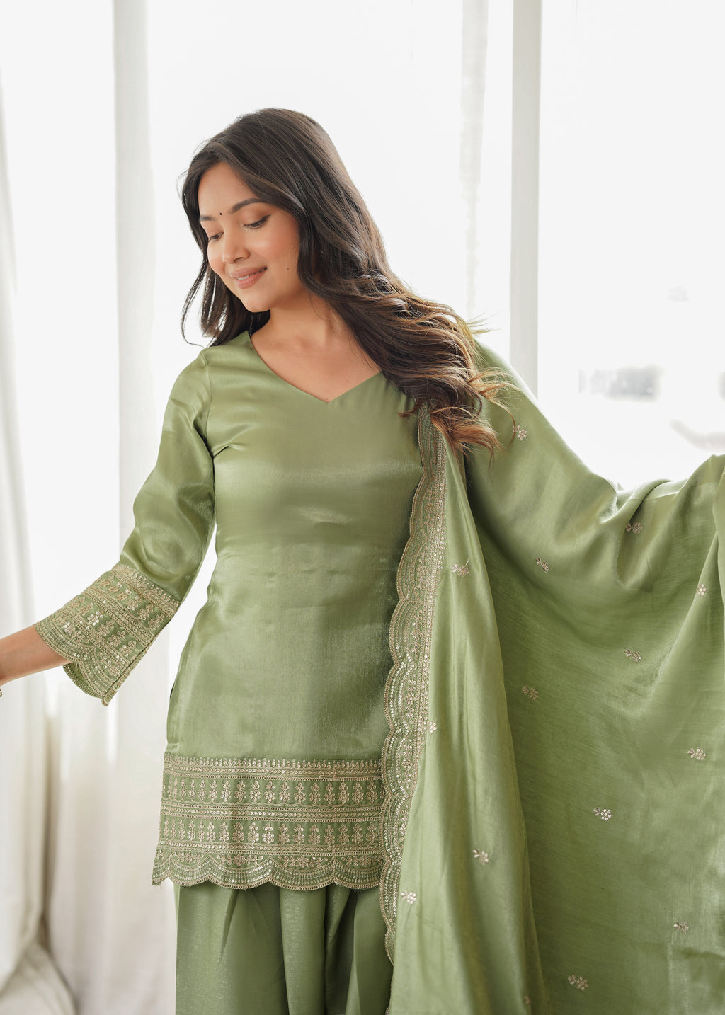 Dusty Pink & Pista Glass Roman Silk Embroidered Farshi Shalwar Suit with Dupatta