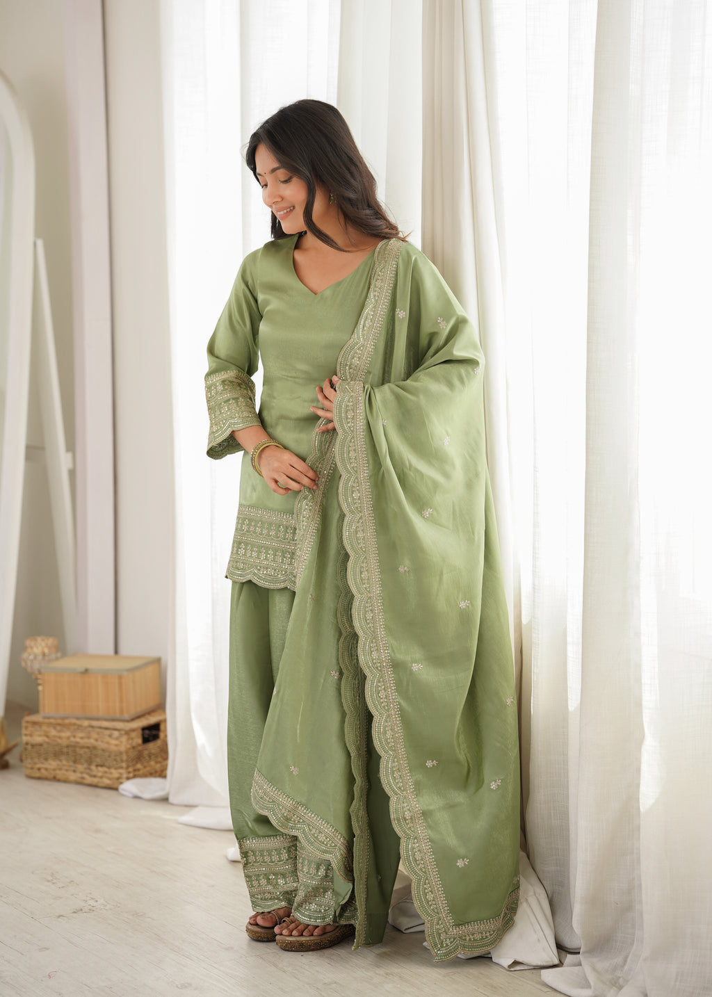 Dusty Pink & Pista Glass Roman Silk Embroidered Farshi Shalwar Suit with Dupatta