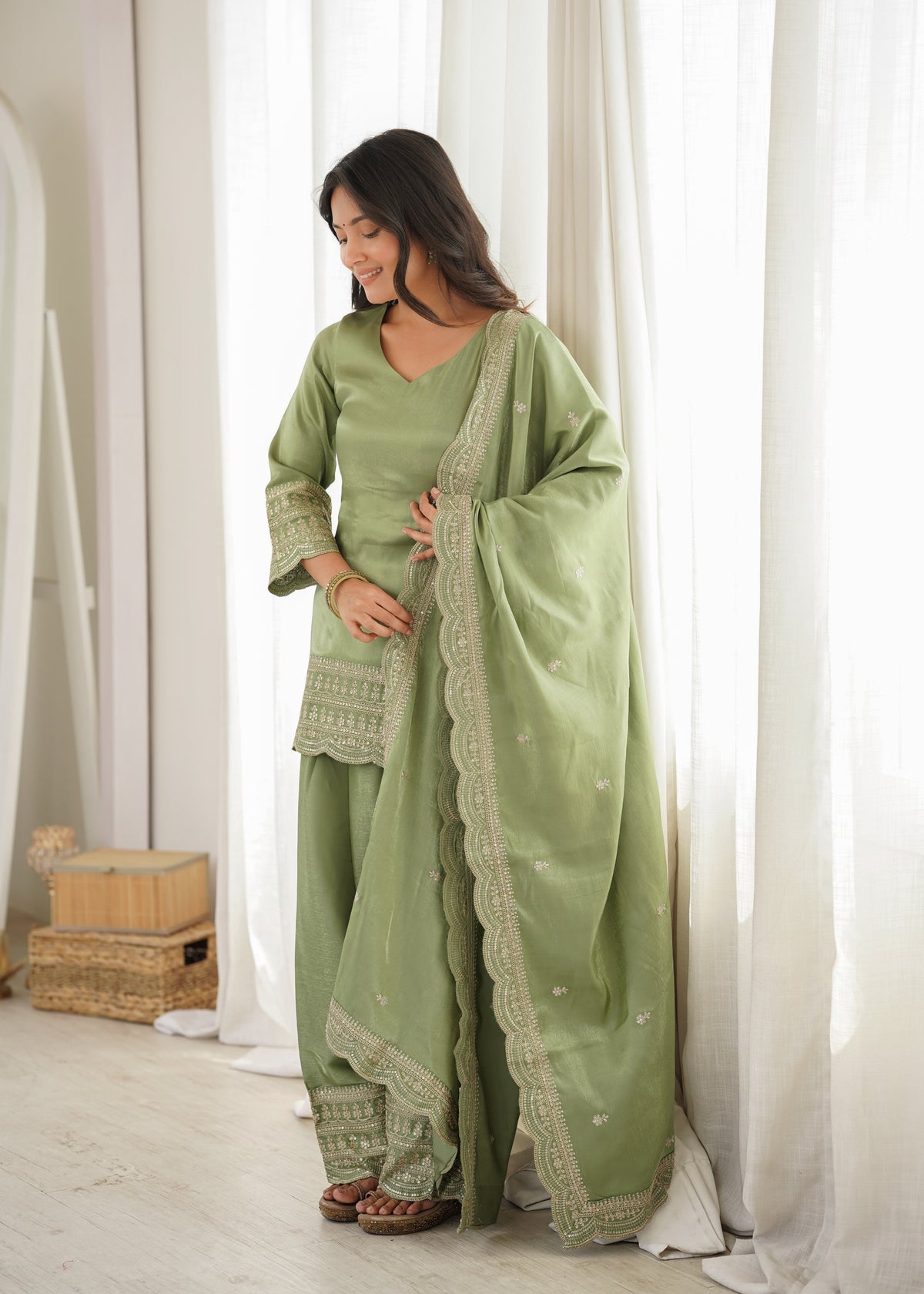 Dusty Pink & Pista Glass Roman Silk Embroidered Farshi Shalwar Suit with Dupatta