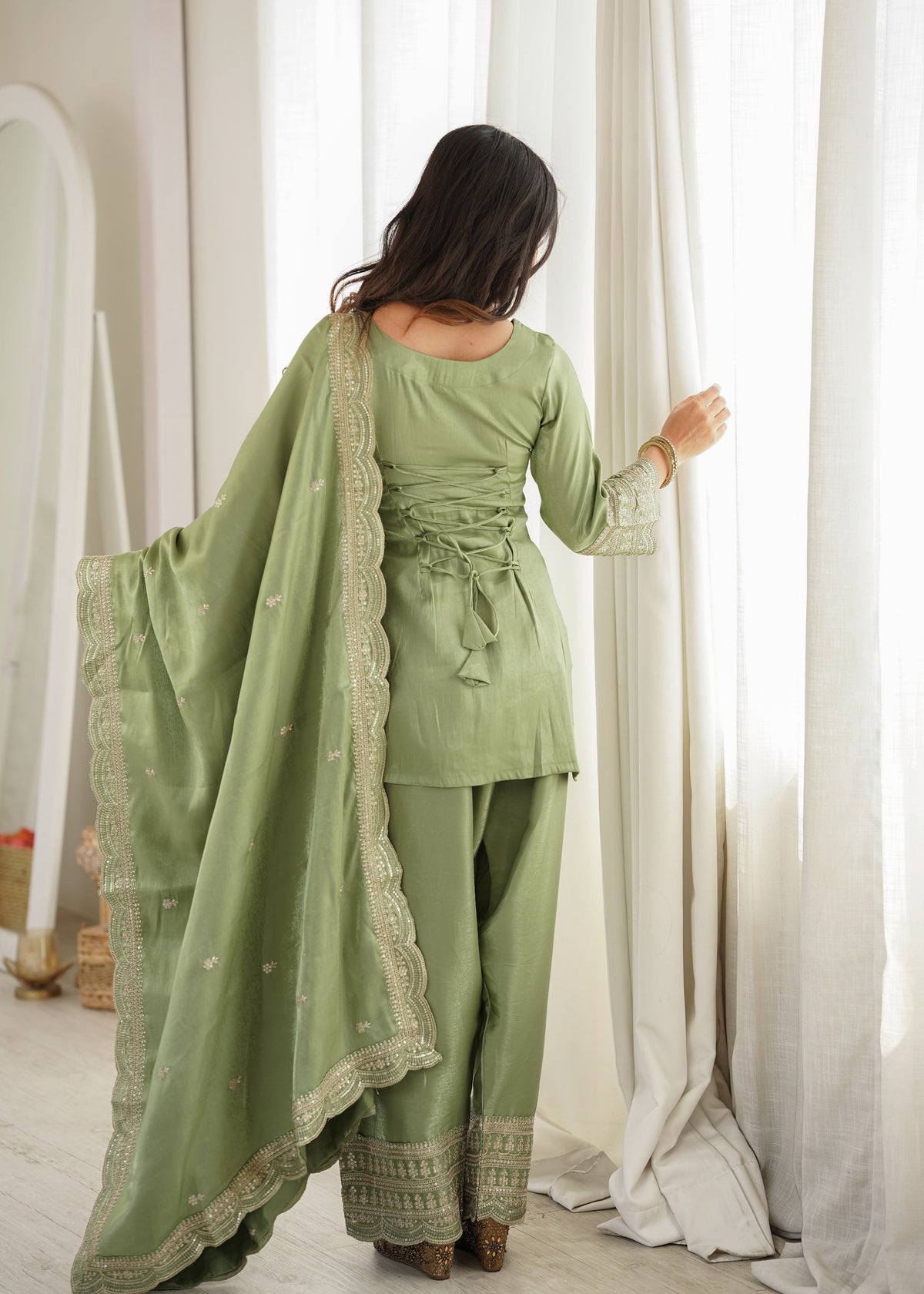 Dusty Pink & Pista Glass Roman Silk Embroidered Farshi Shalwar Suit with Dupatta