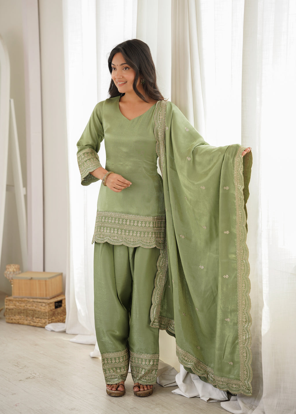 Dusty Pink & Pista Glass Roman Silk Embroidered Farshi Shalwar Suit with Dupatta