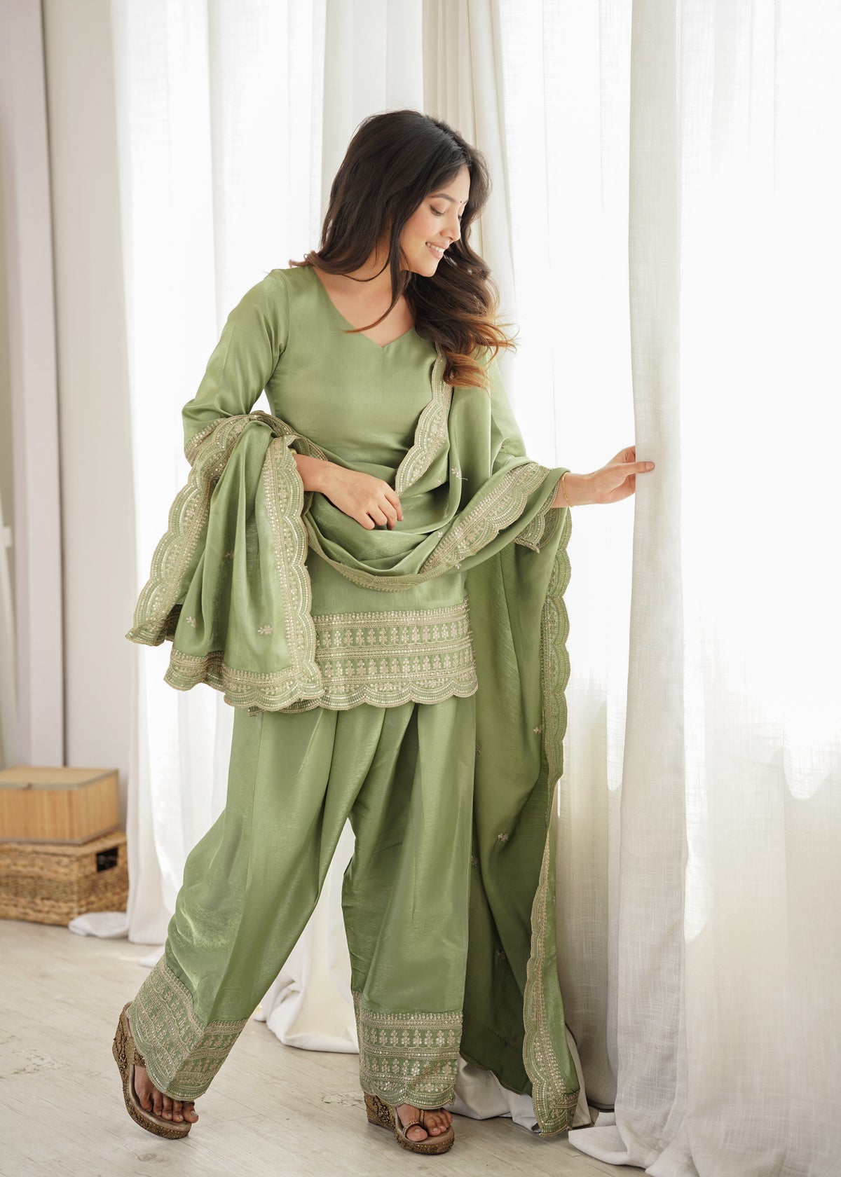 Dusty Pink & Pista Glass Roman Silk Embroidered Farshi Shalwar Suit with Dupatta