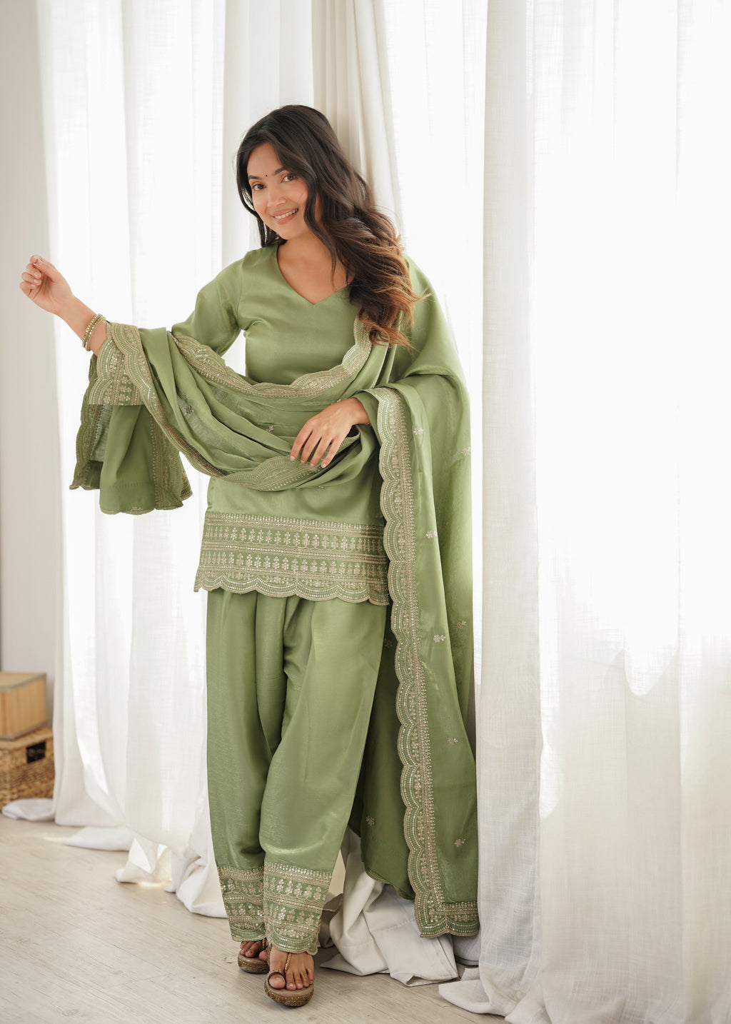 Dusty Pink & Pista Glass Roman Silk Embroidered Farshi Shalwar Suit with Dupatta