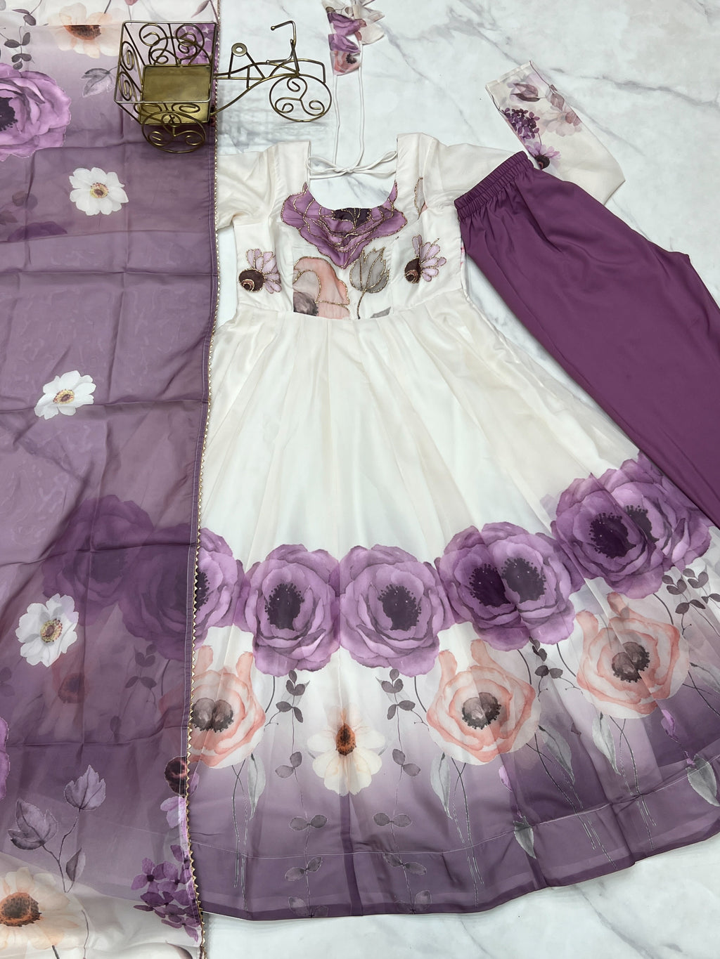 Violet & Onion Pink Floral Organza Silk Anarkali Gown with Gota Patti Dupatta & Pant Set