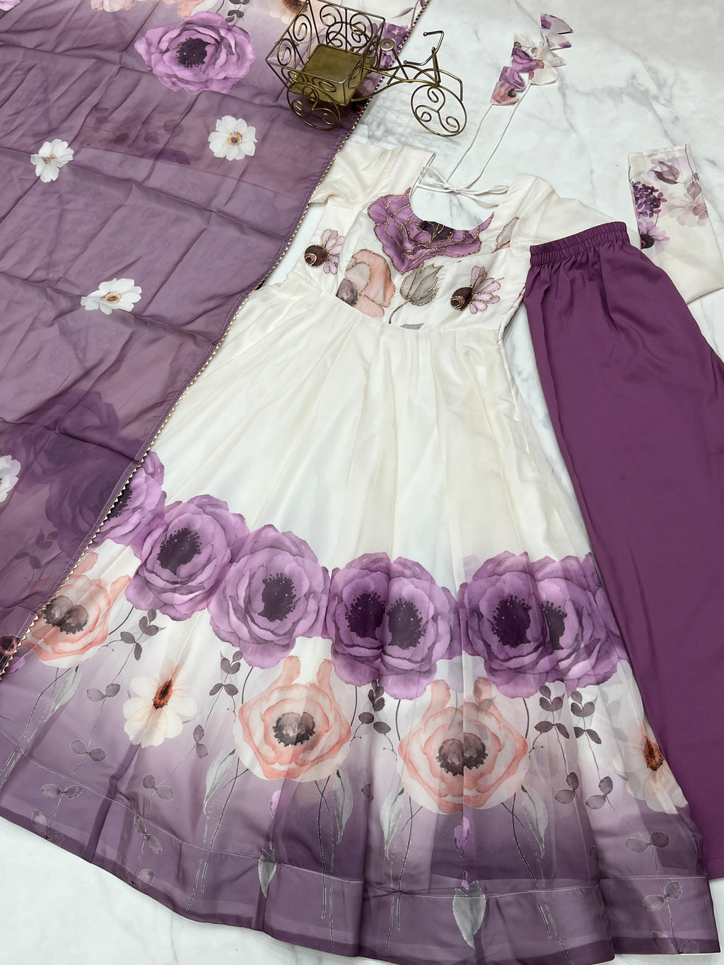 Violet & Onion Pink Floral Organza Silk Anarkali Gown with Gota Patti Dupatta & Pant Set