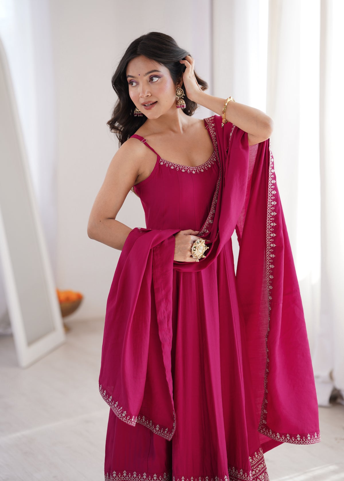 Sleeveless RomanSilk Chanderi Flared Anarkali Gown with Thread Work Lace, Shawl Dupatta & Pant Set