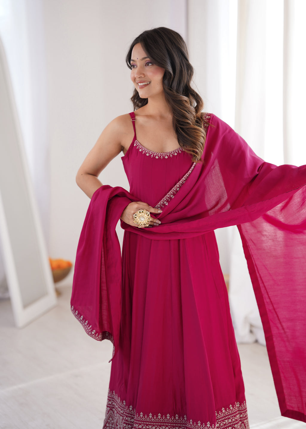 Sleeveless RomanSilk Chanderi Flared Anarkali Gown with Thread Work Lace, Shawl Dupatta & Pant Set