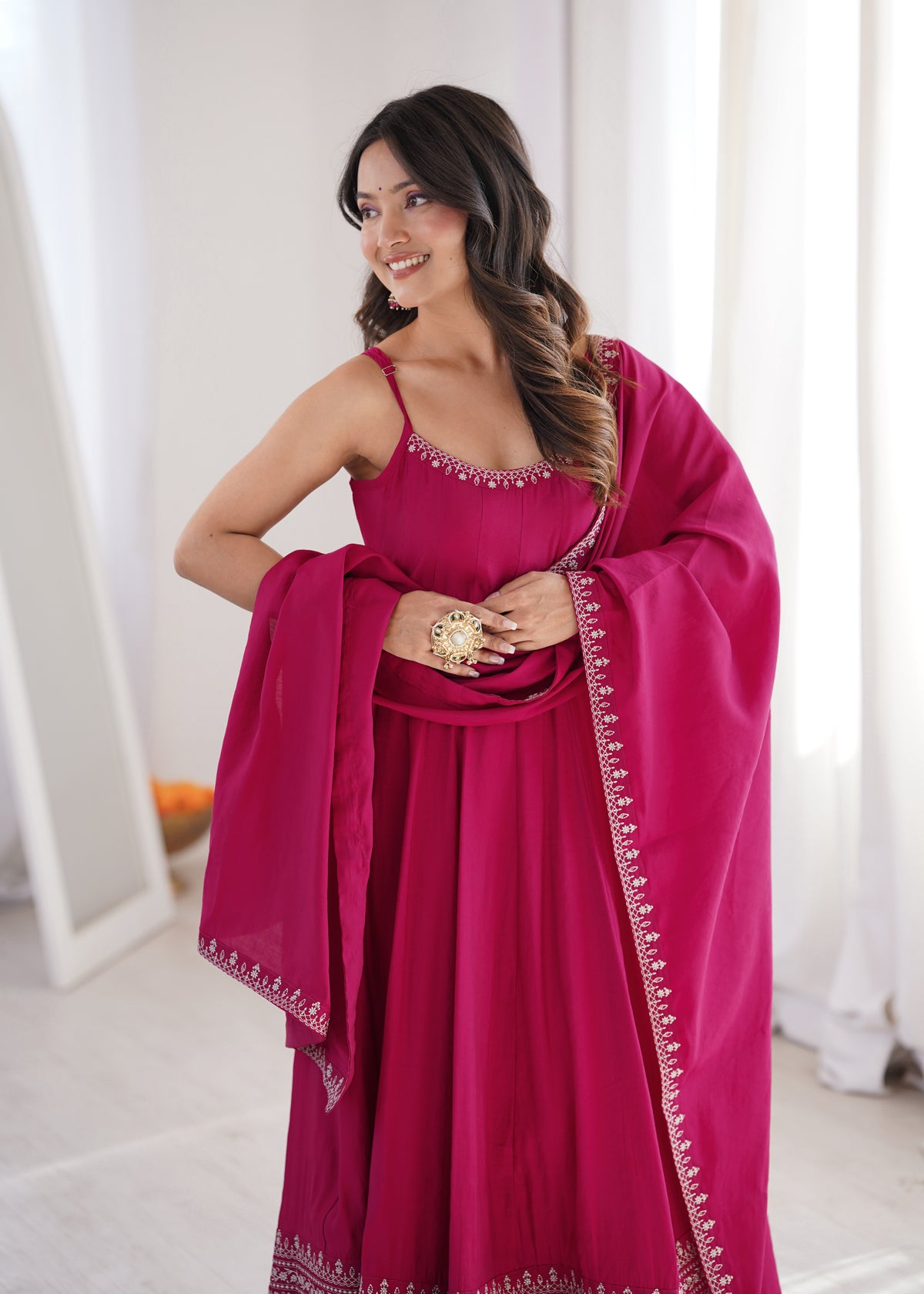 Sleeveless RomanSilk Chanderi Flared Anarkali Gown with Thread Work Lace, Shawl Dupatta & Pant Set